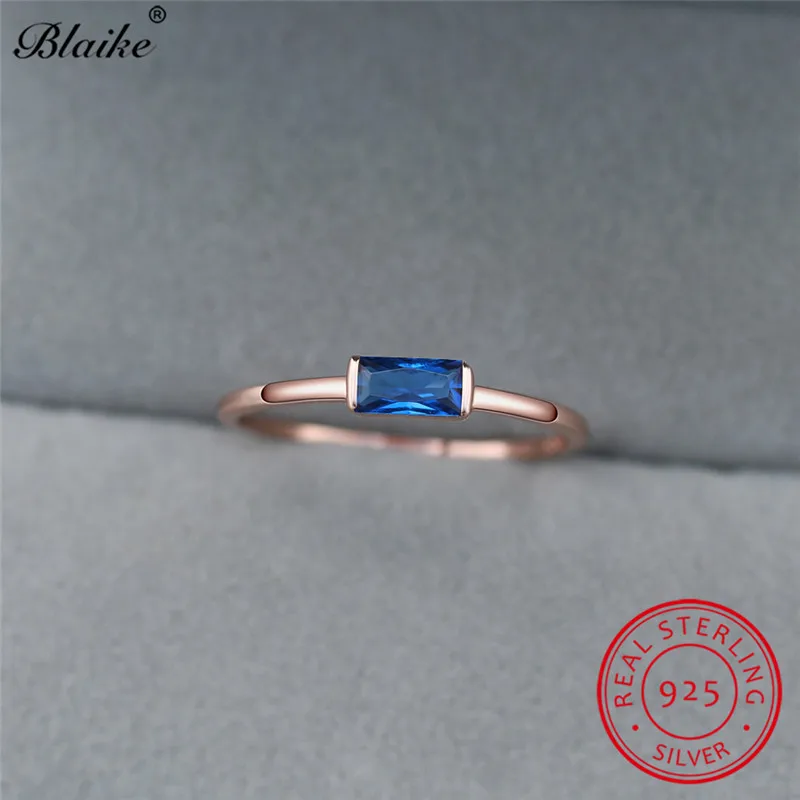 Blue Ring 925 пробы Серебряное тонкое кольцо с камнем, голубой, черный циркон, маленький прямоугольник, обручальные кольца для женщин, складное кольцо, хорошее ювелирное изделие - Цвет камня: Blue Ring