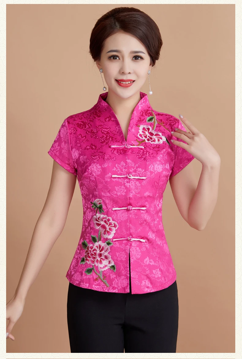 Blusas mujer, хлопковая и льняная рубашка чонсам, летнее платье с короткими рукавами в китайском стиле, костюм Тан, комбинезон в китайском народном стиле