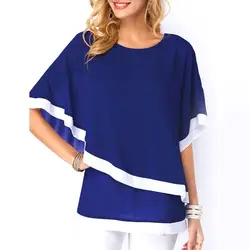 Женская шифоновая блузка, Необычные Лоскутные рубашки, модная Повседневная рубашка с коротким рукавом и круглым вырезом, топы, женские