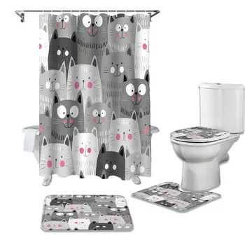 

Cartoon Grey Cat Shower Curtains Set Bath Mat Set Toilet Cover Waterproof Bathroom Shower Curtain and Rug Sets