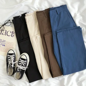 

High Waist Solid Color Pocket Straight Leg Hem Pants Women Blue Brown Beige Black Pants