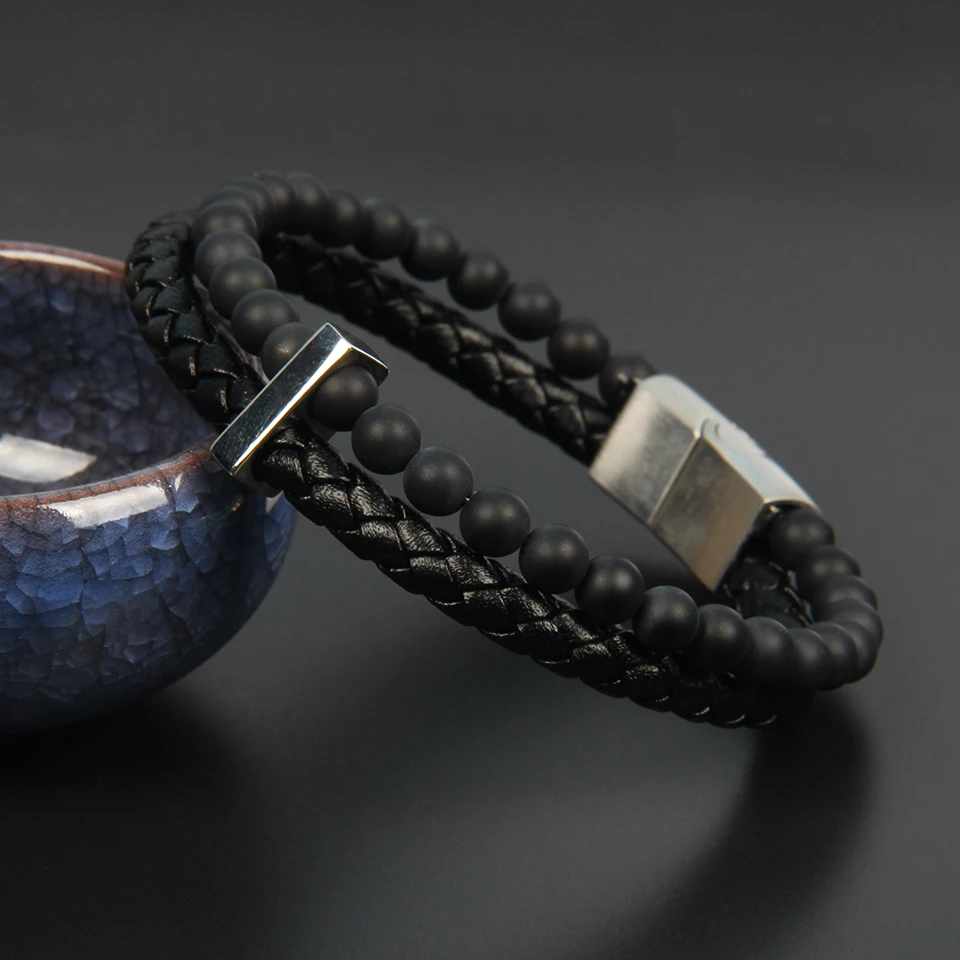 Ailatu мужской ювелирный плетеный кожаный браслет матовый оникс Камень бисер браслет из нержавеющей стали магнитные застежки мужские наручные подарки