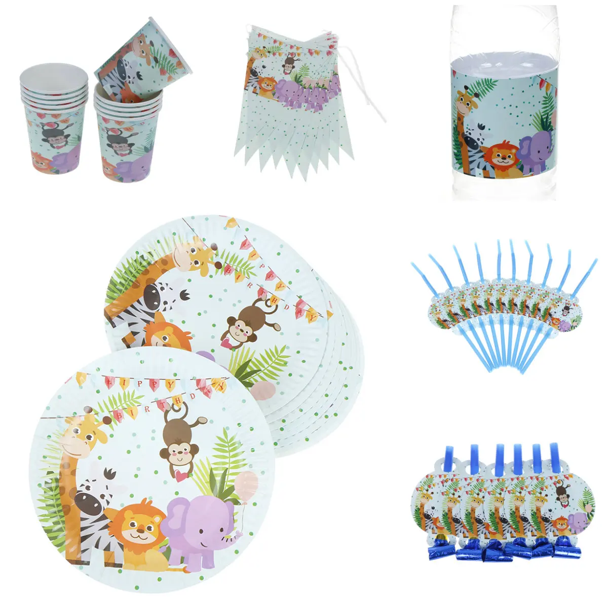 Animals Party Tableware Plate Cup Straw Banner Cupcake Decor Sticker Blowouts Party Decoration Supplies For Kids