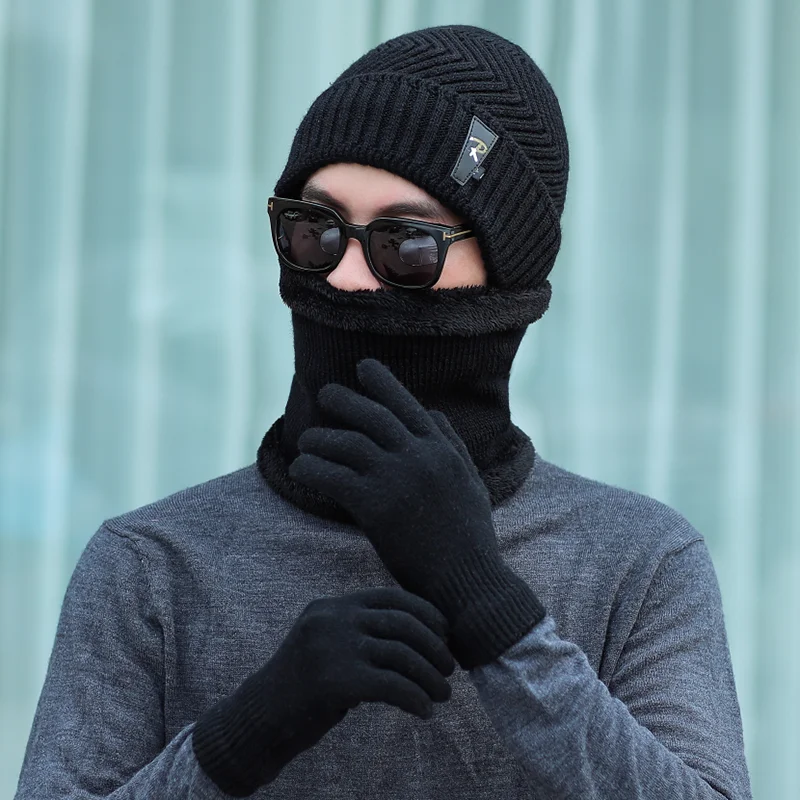 Winter Hat Set Scarf Glove 3 Pieces For Men And Women Outdoor Knitted Hat Warm Thicken Skullies Beanie Scarf Set