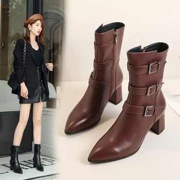 

2020 New Korean Short Boots Skinny Boots Pointed Medium Boots Thick Heel Knight Rider Martin
