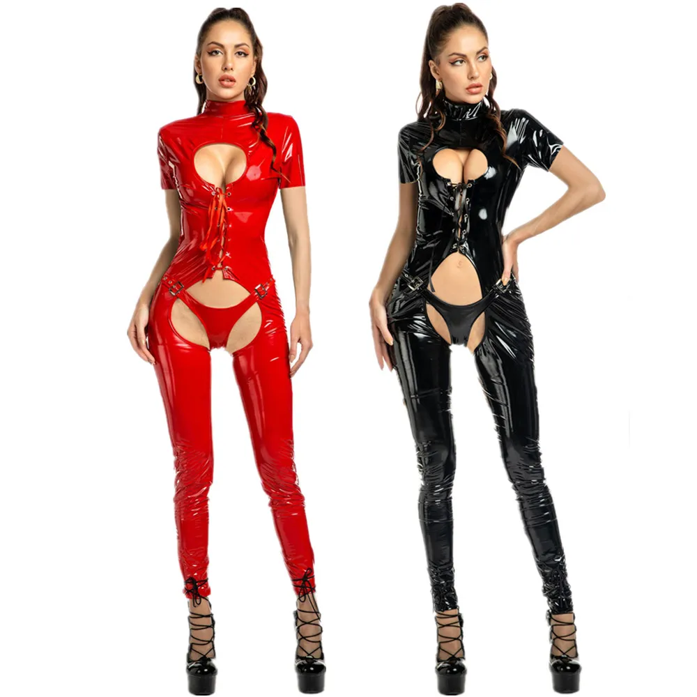 

Sexy Wetlook Faux Leather Catsuit Shiny PVC Latex Bodysuit Hollow Out Open Crotch Jumpsuit Clubwear Erotic Pole Dance Lingerie