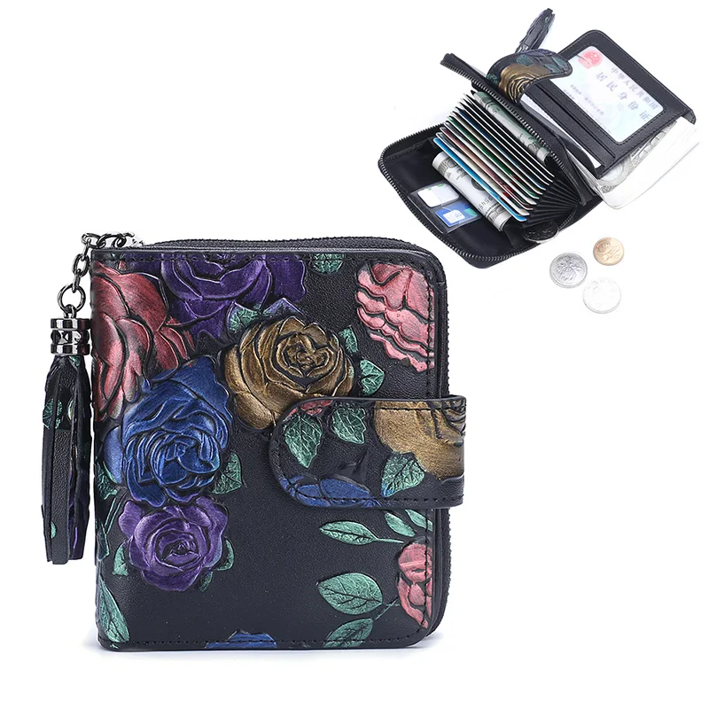 

RFID Womens Wallets and Purses Split Leather Short Zipper Wallets for Credit Cards Rose Pattern Designer Money Coins Bag