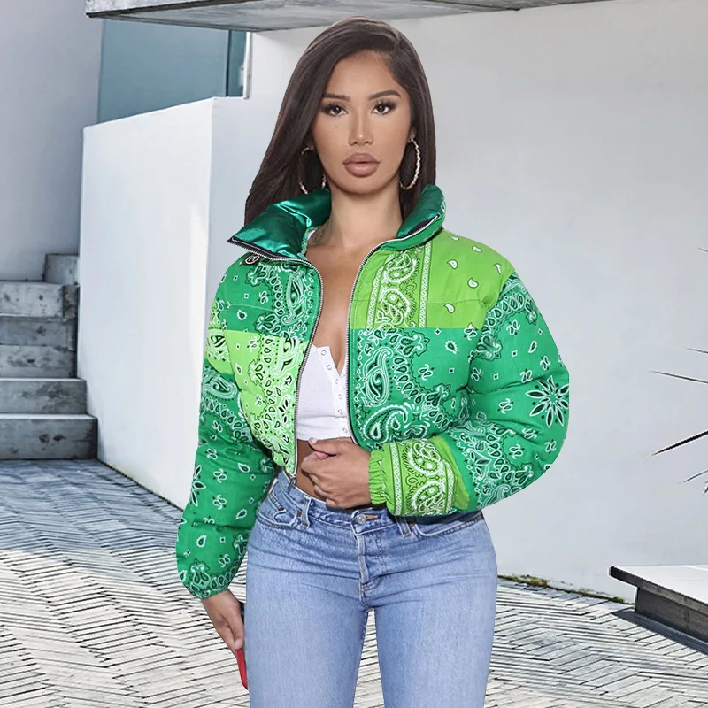 Bandana Coat Casual Paisley Printed Bubble Jacket Women Winter Long Sleeve Zip Down Coat Outfit Warm