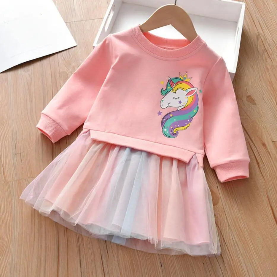 Girls Dress Girl Clothing Autumn Cartoon Unicorn Printed Long-sleeved Shirt Stitching Rainbow Mesh Princess Dress for 2 3 4 5 6 Years girls dress princess costume kids clothes