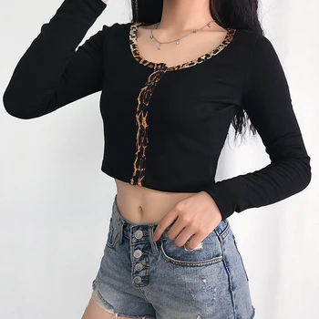 

Patchwork Leopard Printed Basic Womens T Shirt Tops Casual Long Sleeve Buttons Cropped Cardigan Femme Korean Street Tee Shirt