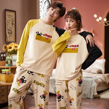 

Cute Couple Pajamas Sets Round Collar Pijamas Mujer Cotton Nightwear Loose Comfort Lattice Long Pant Sleepwear