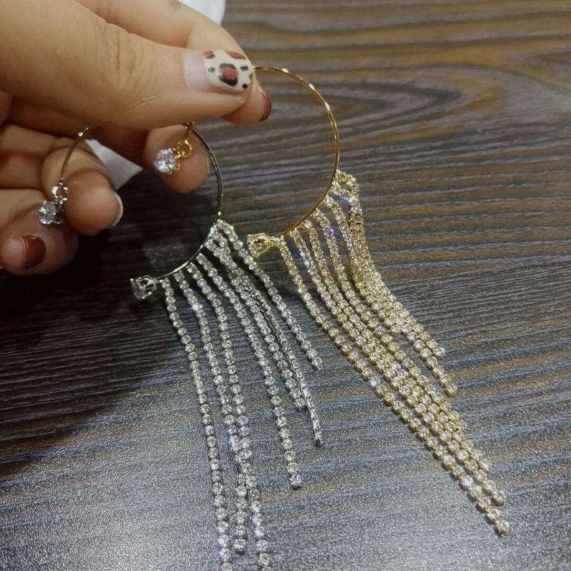 Women Elegance Long Dangle Jewelry Party Gifts Sparkling Diamond Tassel Earrings Dangle Ear Cuff Earrings Without Pierced Earrings