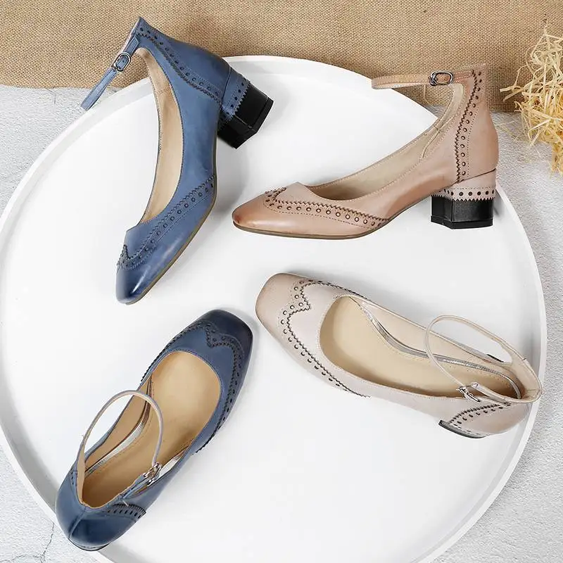 KemeKiss Real Leather Women Pumps Solid Color Ankle Strap Buckle Shoes Women Sewing Print Sweet Office Footwear Size 34-39