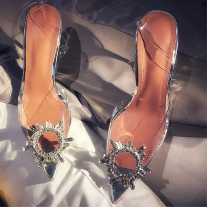 2022 New arrival burgundy pointed transparent sandals new stiletto rhinestone sexy Baotou high heels Wedding Shoes