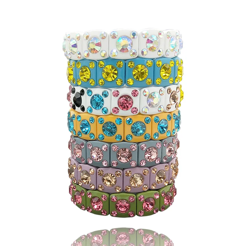 7 Colors Bohemian Stretch Tile Bangle Painted Zircon Bracelet For Women Glass Rhinestone Alloy Crystal | Украшения и аксессуары