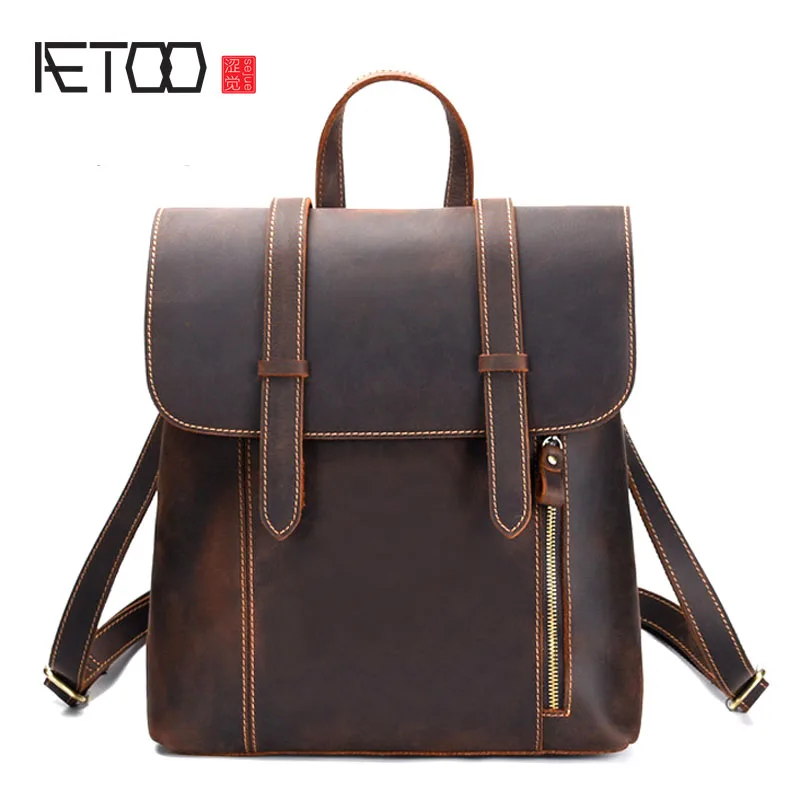 

BJYL New men's bag retro crazy horse leather men's shoulder bag first layer leather backpack leather travel backpack