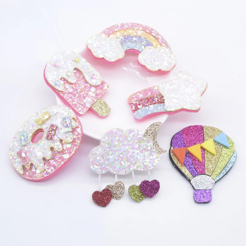 12Pcs Kawaii Meteor Rainbow Cake Gelato Mongolfiera Nuvola Applique Per Fai Da Te Cappello Da Bambino Copricapo Clip Di Capelli Fiocco Decor Patch