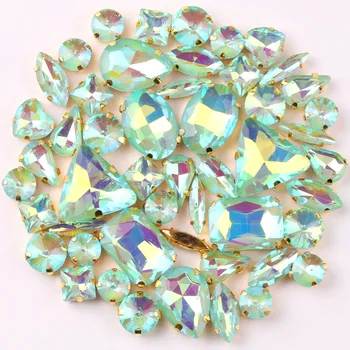 

Gold claw setting 50pcs/bag shapes mix jelly candy Peridot AB glass crystal sew on rhinestone wedding dress shoes bags diy