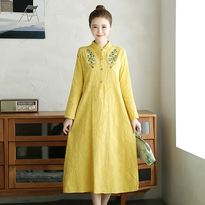 

2019 Autumn New Style Artistic Embroidered Retro Mid-length Long Sleeve Large Size Dress Cotton Linen Jacquard Long-sleeved Dres