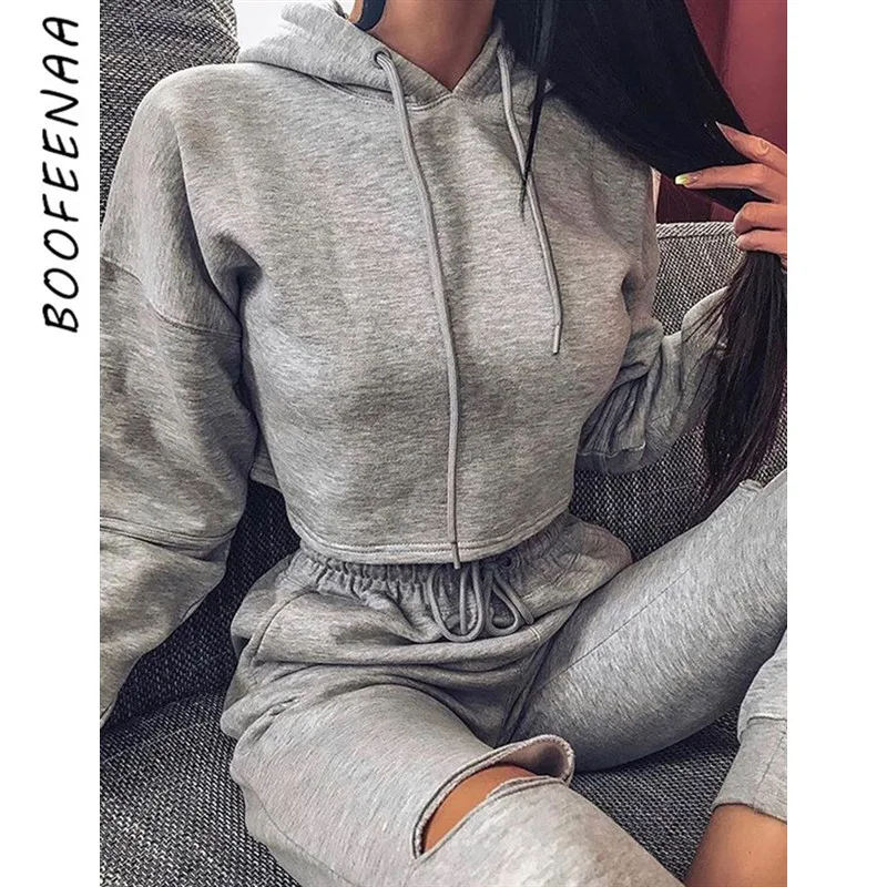 

BOOFEENAA Casual Tracksuit for Women Two Piece Set Top and Hole Pants Hoodie Jogger Sweat Suits Fall Winter Outfits C54-AH19