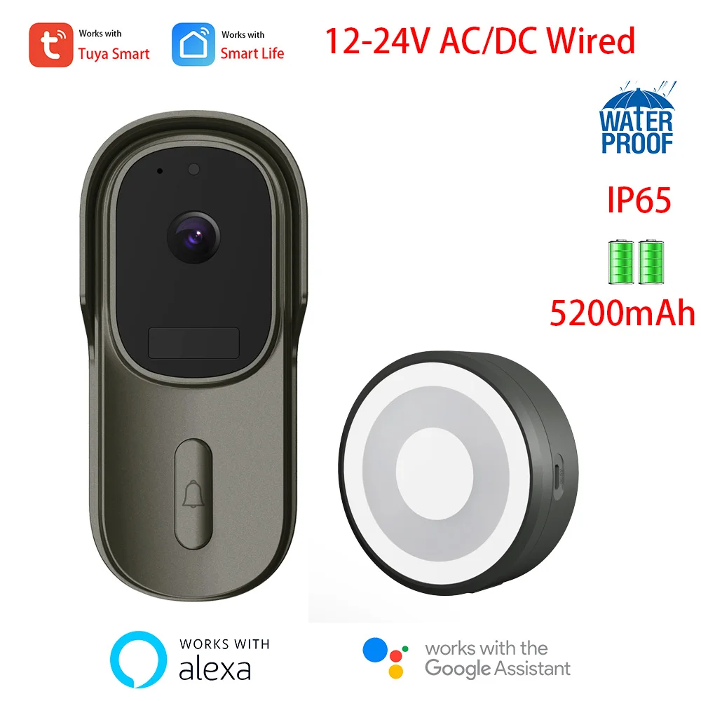 Tuya Smart Battery Video Doorbell Camera 1080P 170° 12-24V AC/DC Проводная камера дверного звонка