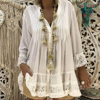

Plus Size Lace Hollow Out Blouses Shirts Casual V Neck Long Sleeve Female Tunic Loose Dot Baggy Spring Womens Tops And Blouses