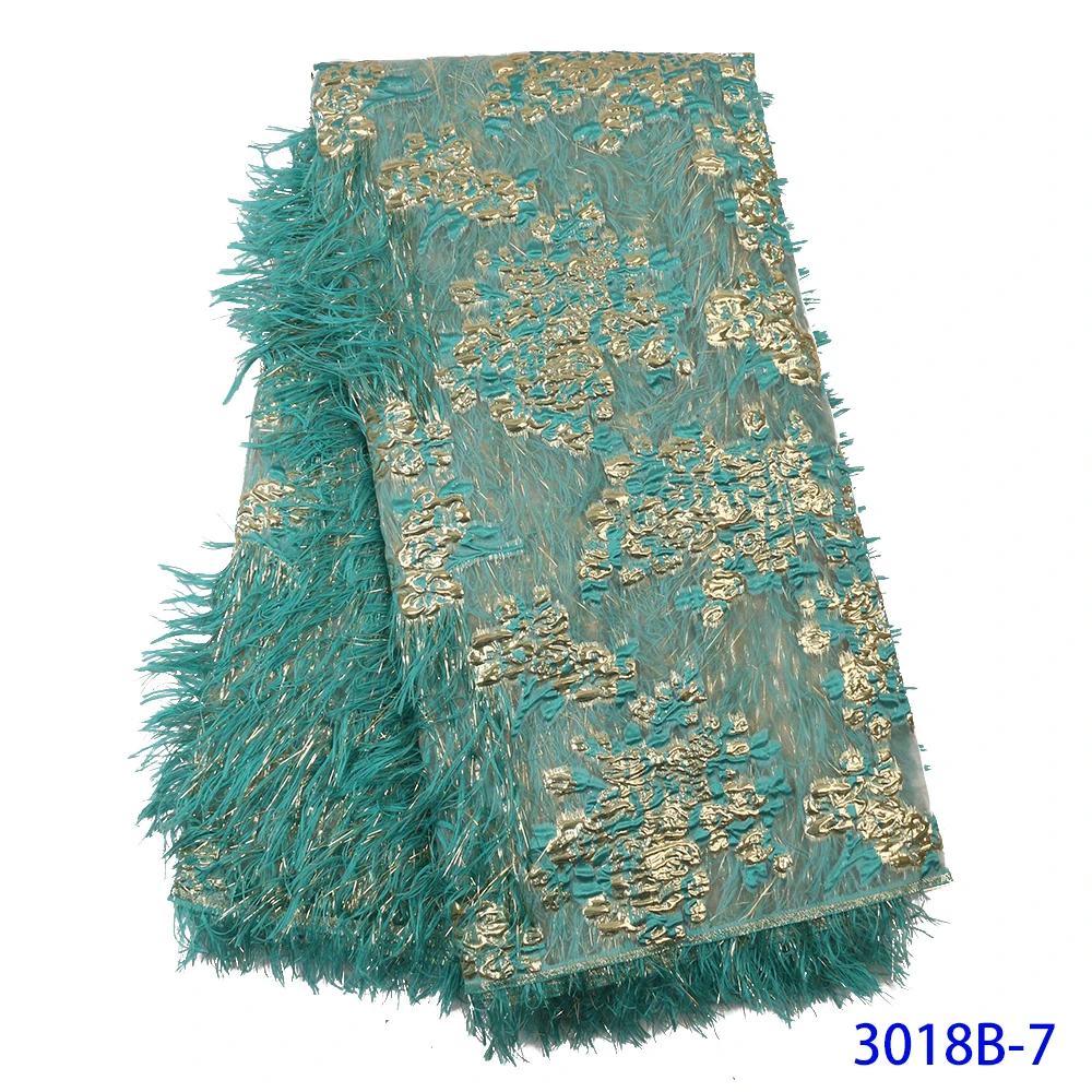 2020 Latest New Arrivals Africa Nigerian French Ankara Jacquard Brocade Tulle Mesh Brode Lace Fabric with Feather for Wedding