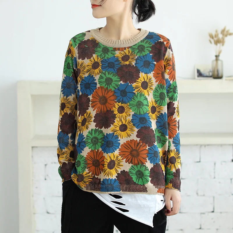 rice white sweaters Пуловер с круглым вырезом, хлопковая трикотажная рубашка, свободный, большой размер, винтажный, Подсолнух, тонкий, модный свитер, компьютерный, вязаный, пуловеры - Цвет: rice white sweaters