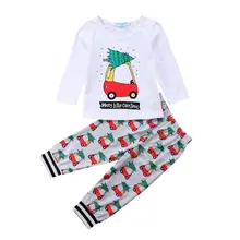 Рождественская одежда для маленьких мальчиков и девочек, футболка Топы+ длинные штаны с мультяшным автомобилем, комплект одежды