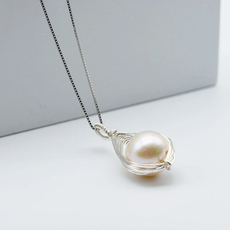 Ladies Pendant Necklace Natural Round White Freshwater Pearl Silver Pendant Hand Braided Water Drop Pendant Silver Necklace