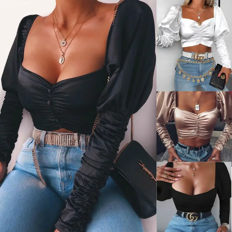 

Women Summer Ruffle Long Sleeve T-Shirt Solid Puff Solid Square Neck Ladies Loose Casual Sexy Crop Top