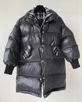 

Graceful Tweed Plaid Stitching Bread down Jacket Women's 2020 Winter Clothing Mid-Length Black Loose Cotton Coat Cotton Jacket