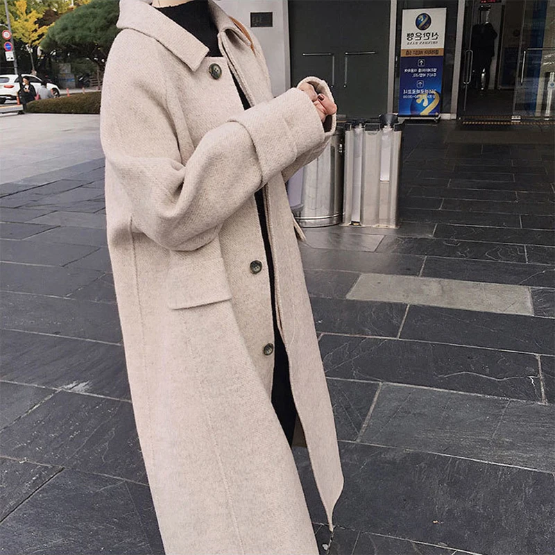 Модное длинное шерстяное пальто, одноцветное, с рукавом "летучая мышь", с длинным рукавом, теплое, смешанное, женское, зимнее, с отложным воротником, прямое, шерстяное, верхняя одежда