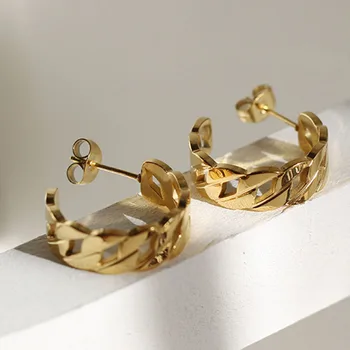 

Curb chain C hoop earring stainless steel gold color for women french hollow half circle earring fashion 2020
