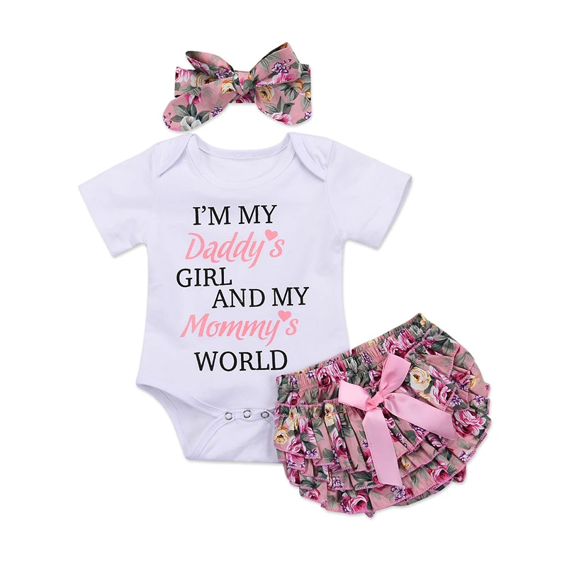 3Pcs Newborn Kid Baby Girl Romper Floral Pants Headband Outfit Summer Clothes