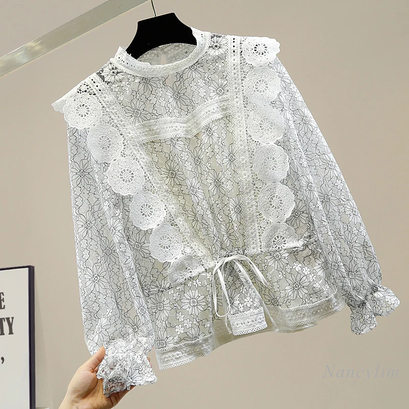 

Lace Blouse Women Retro Court Style Bell Sleeve Ruffles Crocheted Hollow Drawstring Lace Shirt with Camis Two-Piece Lacy Top