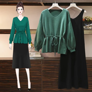 

Autumn Knitted Sweater 2 Piece Set Womens Green Lace-up Cardigan Coats + Black Suspender Vest Dress Knitting Suit Plus Size 5XL