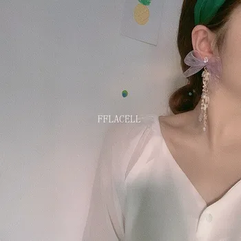 

FFLACELL 2020 New Bow Ribbon Earrings Asymmetric Crystal Chain Pearl Earrings Female Party Jewelry Gift