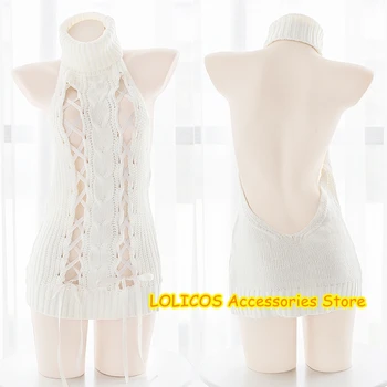 

Japanese White Sexy Women's Open Chest Backless Knitted Sweater Sweet Lolita Cosplay Virgin Killer Hollow Bandge Tops Knitwear