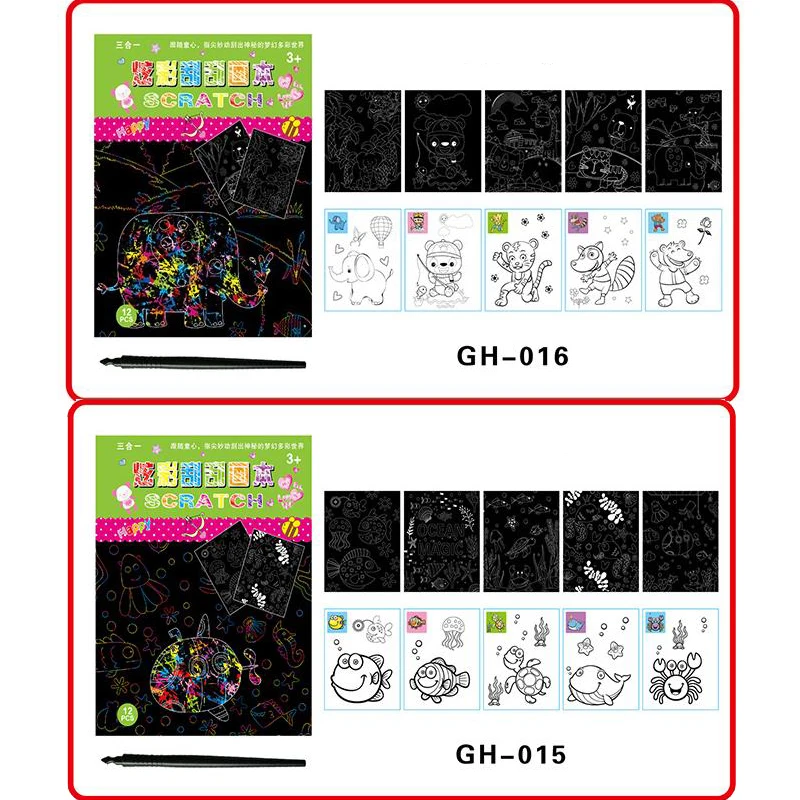 22 pages Drawing Book 3 in 1 Scratch Painting Color Filling Toys Cartoon Animal Unicorn Dinosaur Children Kids Boys Girls Gifts