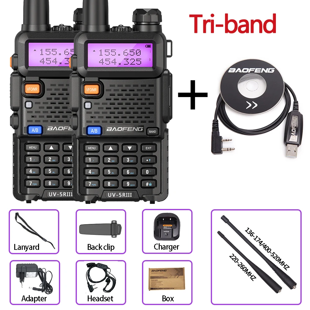 2pcs Baofeng UV-5R III Tri-Band Walkie Talkie 136-174/220-260/400-520MHz Amateur Ham Handheld Portable Radio Comunicador UV-5RX3 