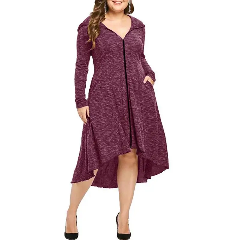 4XL 5XL осенне-зимнее Повседневное платье большого размера с длинным рукавом модное платье с v-образным вырезом и карманами с несимметричным капюшоном Повседневное платье на молнии