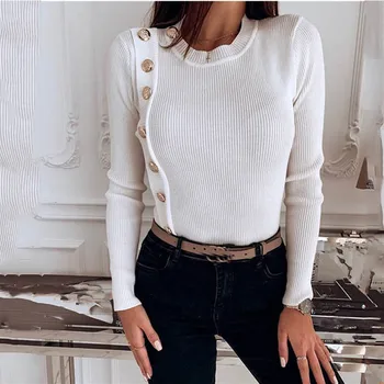

UIDEAZONE Knitted Pure Color Woman Tops With Button Long Sleeve O-neck Slim Pullover Shirt Female Sweater