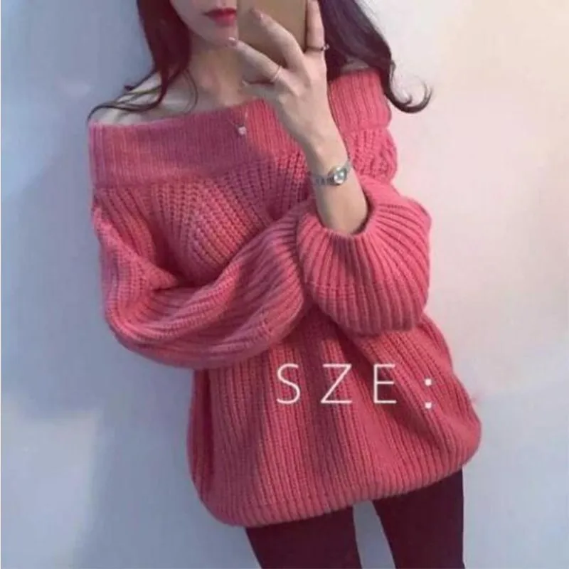 Hot Sale New Autumn Winter European Fashion Small Same Type One-word Collar Open Shoulder Pullover Medium-length Knitted Sweater | Женская