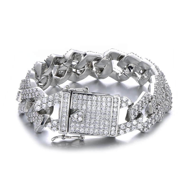 Хип-хоп 18 мм Bling Heavy CZ Iced Out, кубинская звеньевая цепь, полный кристалл, мужской браслет, ожерелье для мужчин, рэппер, ювелирное изделие 1"-24" - Окраска металла: Silver Bracelet