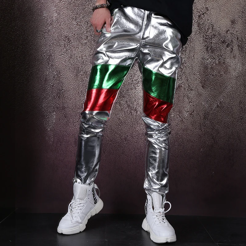 Green Red Silver Stitching New Men's PU Leather Jacket For Male Singer Fashion Male Stage Jacket Casaco Masculino Male Clothing - Цвет: PANTS