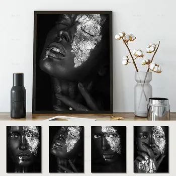

African Black and Silver Woman Abstract Painting Print on Canvas Poster Wall Art Pictures for Living Room Home Decor