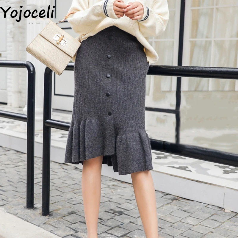 Yojoceli, элегантное, гофрированное, с пуговицами, вязаные юбки, для женщин, осень, зима, теплый свитер, юбка, повседневная, облегающая, высокая талия, юбки