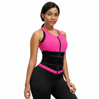 

Women Sauna Sweat Vest Tank Neoprene Shaper Belt with Sticker Zipper Waist Trainer Corset Pink Shapewear Workout Body Shaper