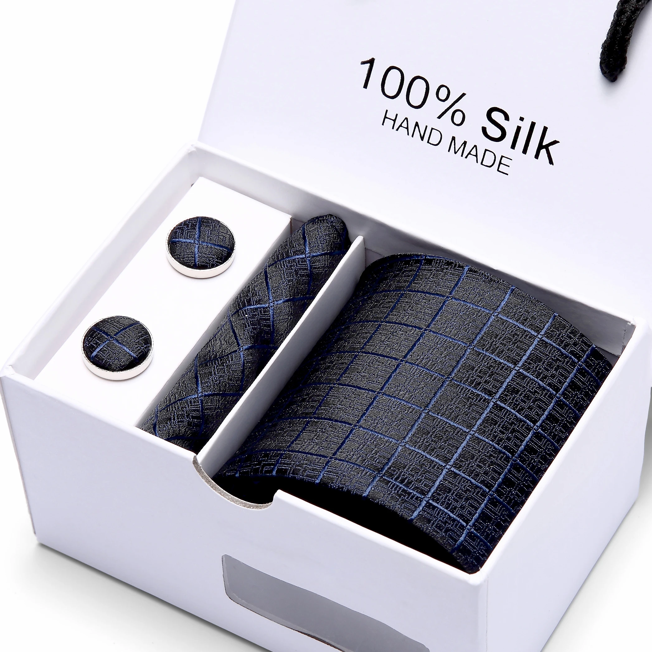  Wedding 100% Silk Lattice Men's Tie Set 7.5 cm Ties Handkerchief Cufflinks Sets For Man Blue Stripe